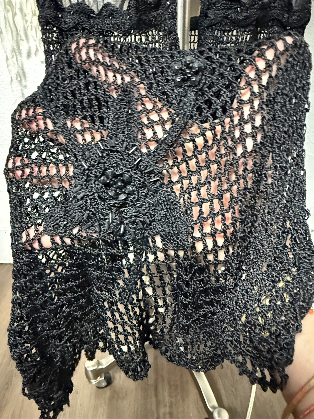 Vintage Sue Wong Black Embellished Crochet and Faux Fur Trim Long Sleeve Kimono - Picture 10 of 14